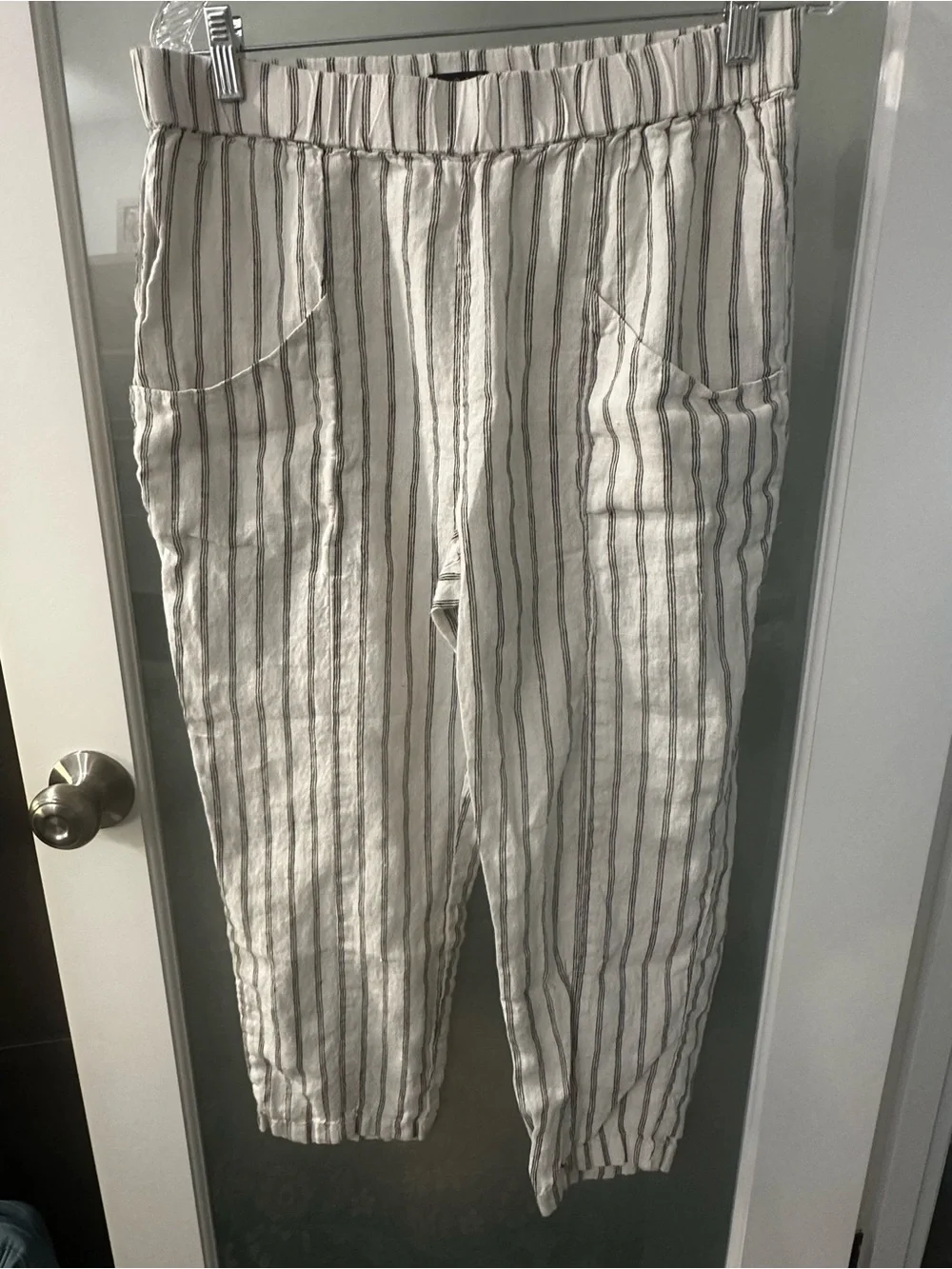 Quince Cream and Gray Striped Cotton-Linen Straight Leg Pants